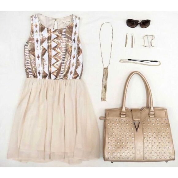 Womens Anthropologie Double Zero Sequin & Chiffon Aztec Rose Gold Dress - Sz S - Picture 2 of 4